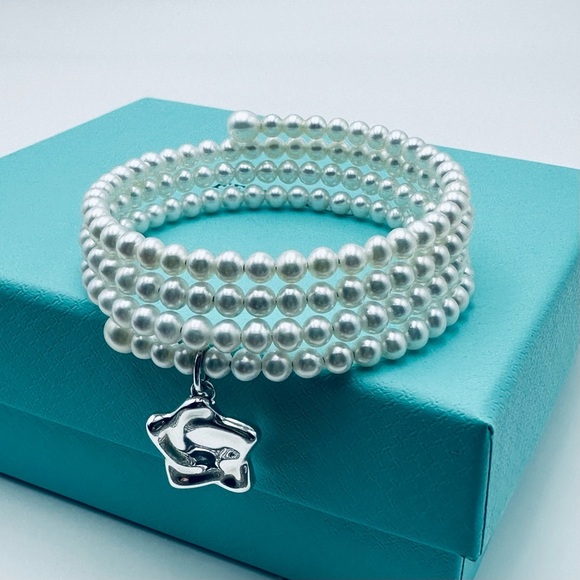 Tiffany & Co. Peretti Multi Row Star Charm Pearl Wrap Bracelet Silver Packaging - Picture 3 of 10